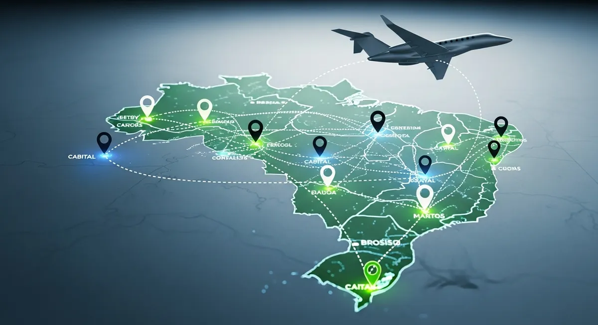 Mapa aéreo do Brasil com rotas de jatos executivos conectando cidades.