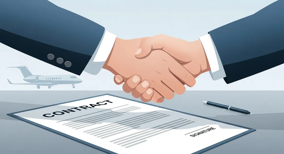 Aperto de mãos selando contrato de aviação executiva