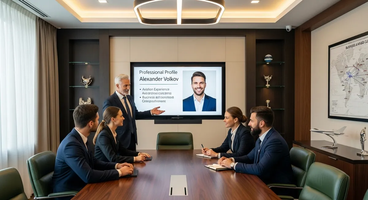 Reunião corporativa sobre aviação com apresentação profissional