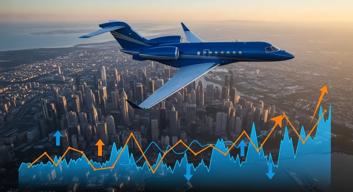 Jato executivo sobrevoando cidade com gráficos de crescimento