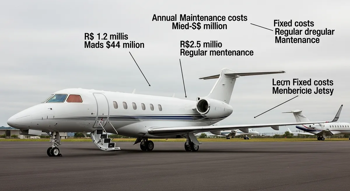 Jato executivo estacionado com gráficos de custos e manutenção