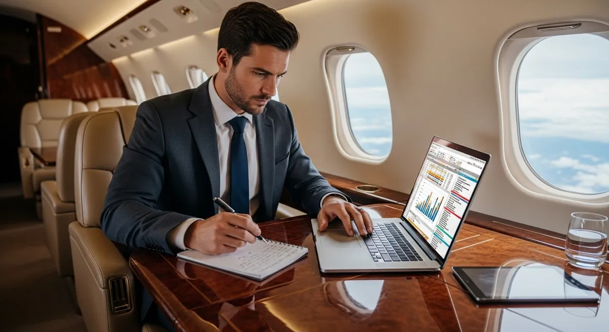 Empresário analisando gráficos em notebook dentro de jato