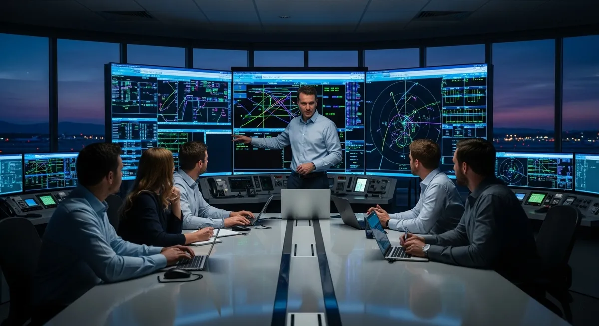 Equipe em reunião analisando dados em painéis digitais