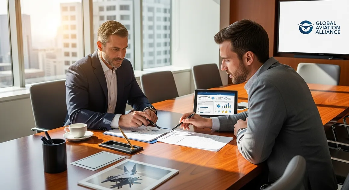Executivos analisam relatórios de desempenho na aviação