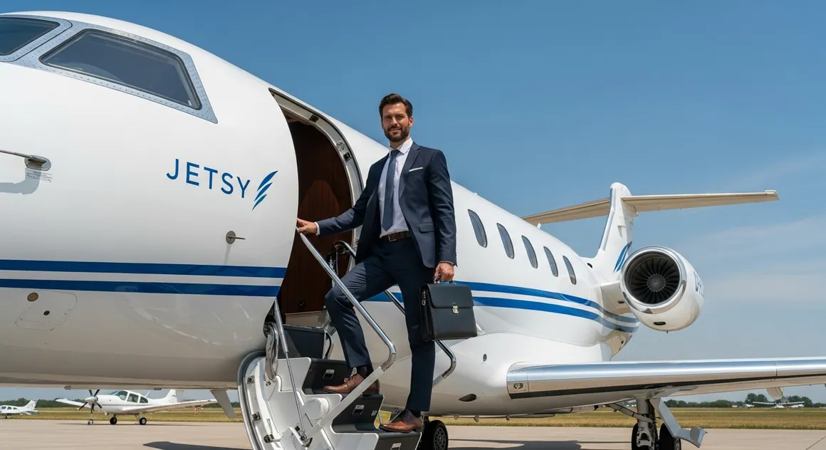 Empresário embarca em jato executivo Jetsy em aeroporto