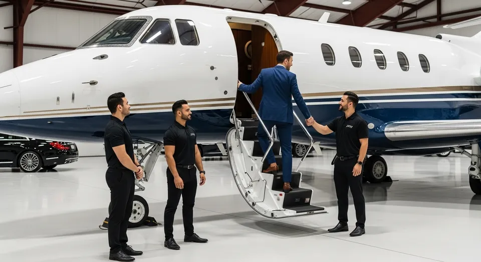 Executivo embarca em jato particular sendo recebido pela equipe