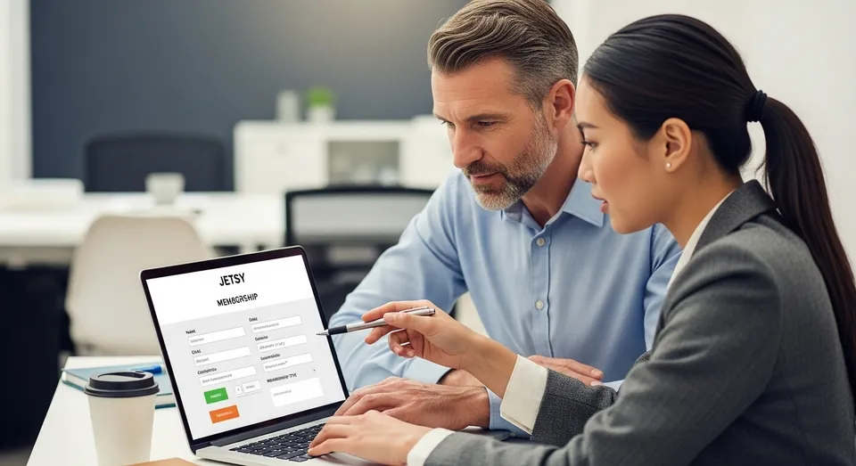 Profissionais analisam plano de associação Jetsy em notebook