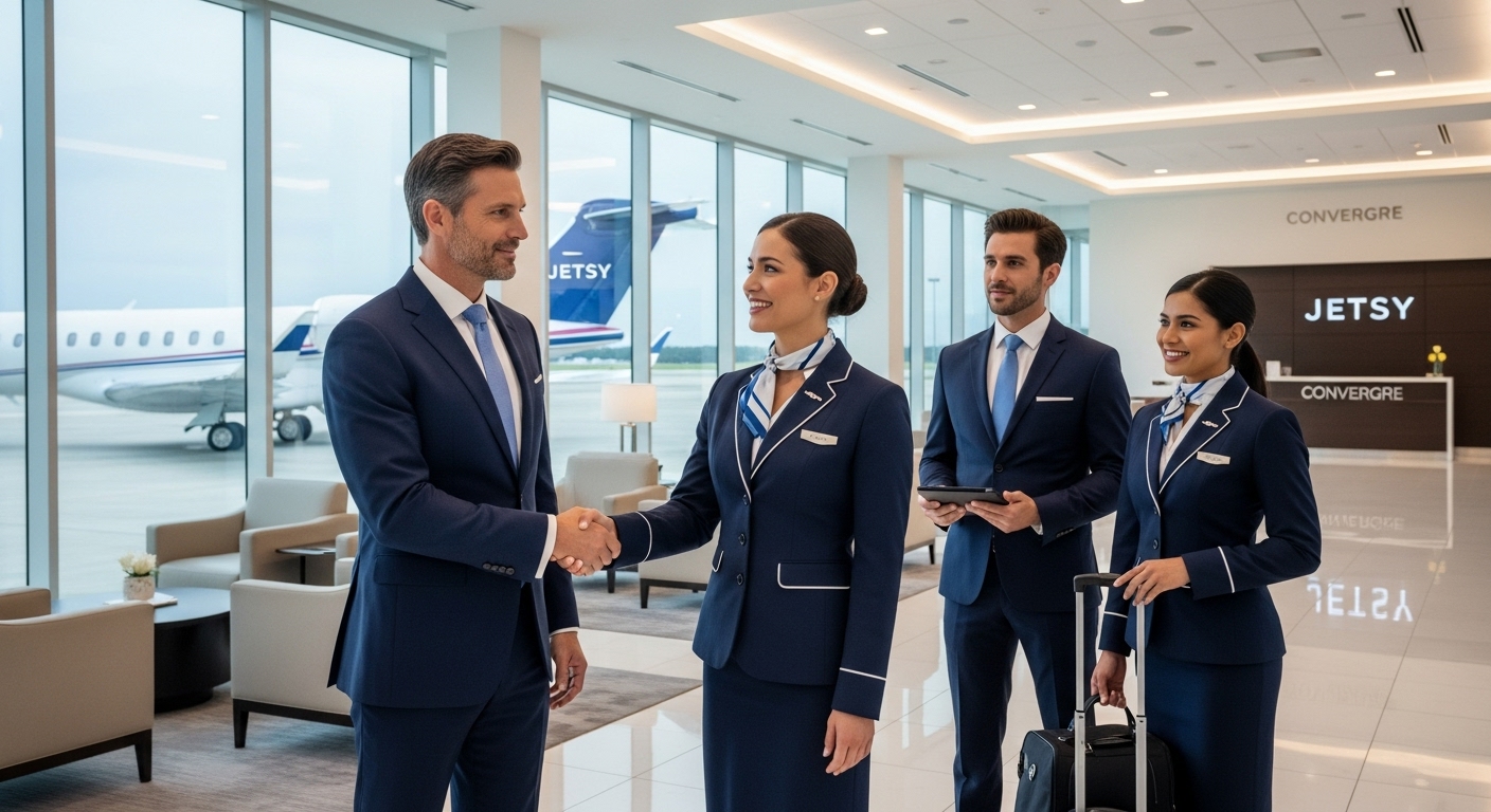 Equipe Jetsy recebe cliente em terminal executivo de aviação
