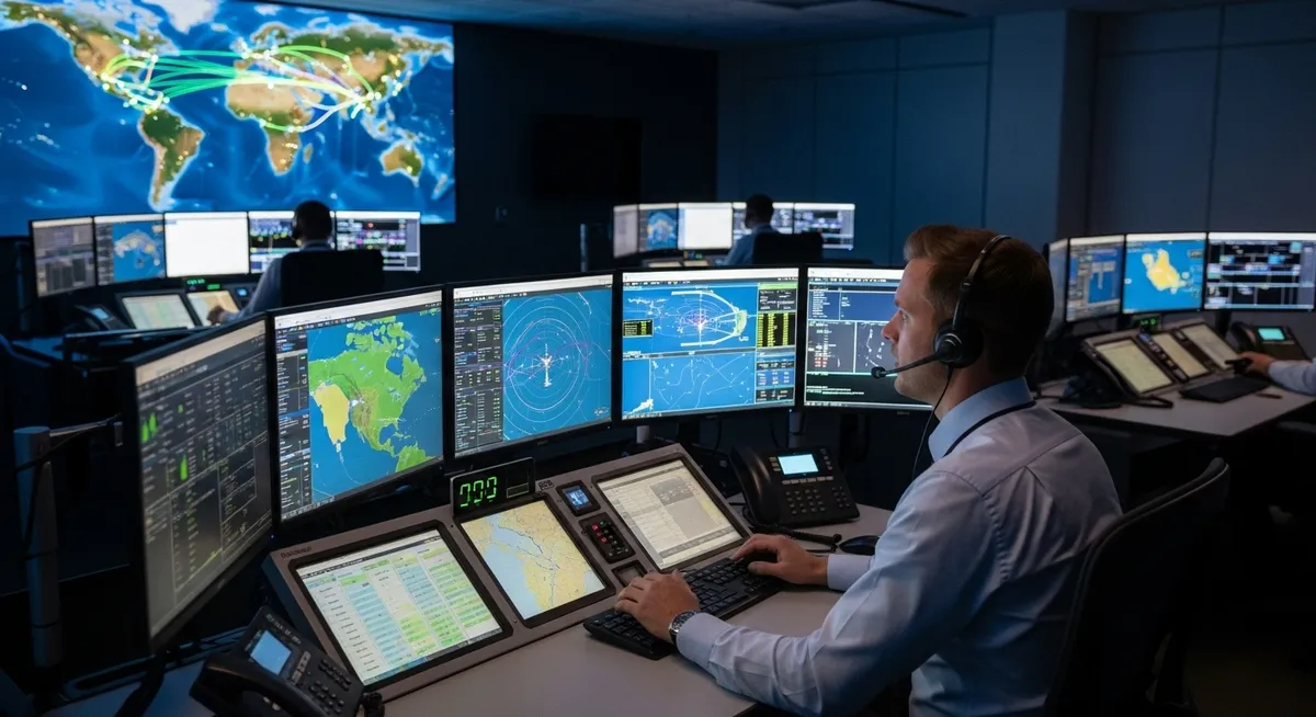 Controladores monitoram voos globais em centro de operações aéreas