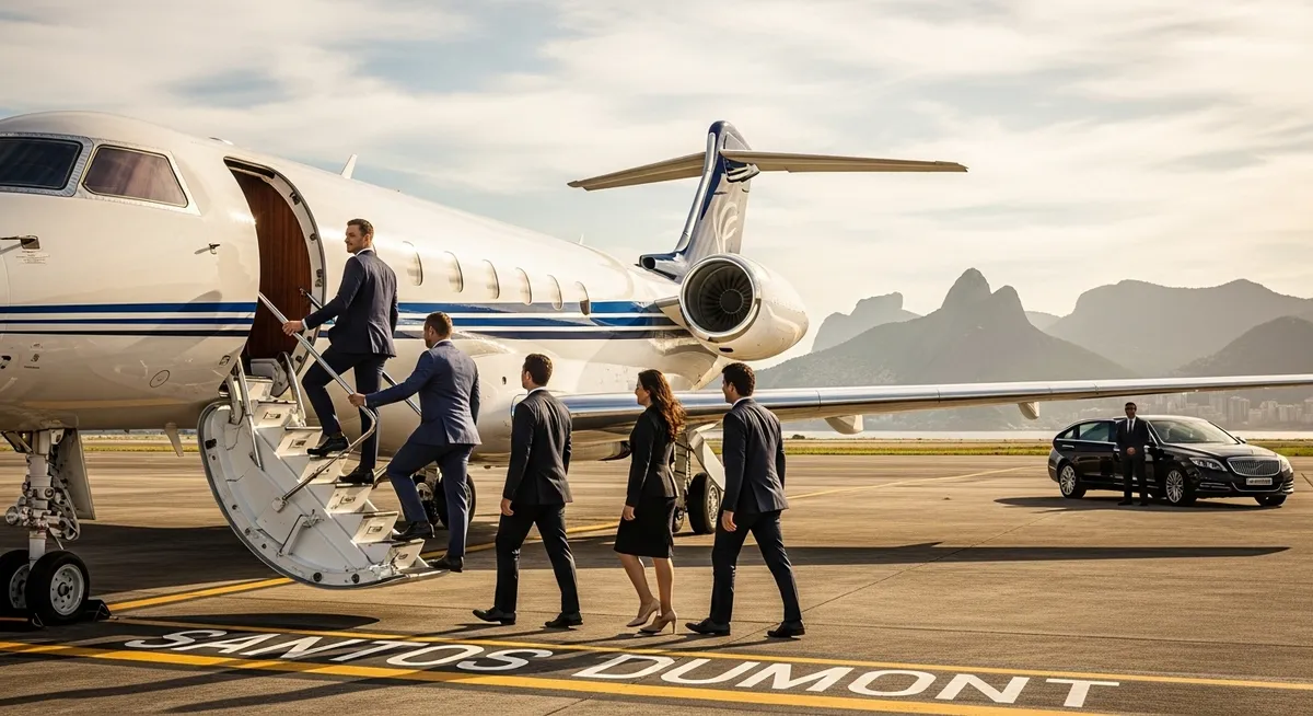 Executivos embarcam em jato no aeroporto Santos Dumont RJ