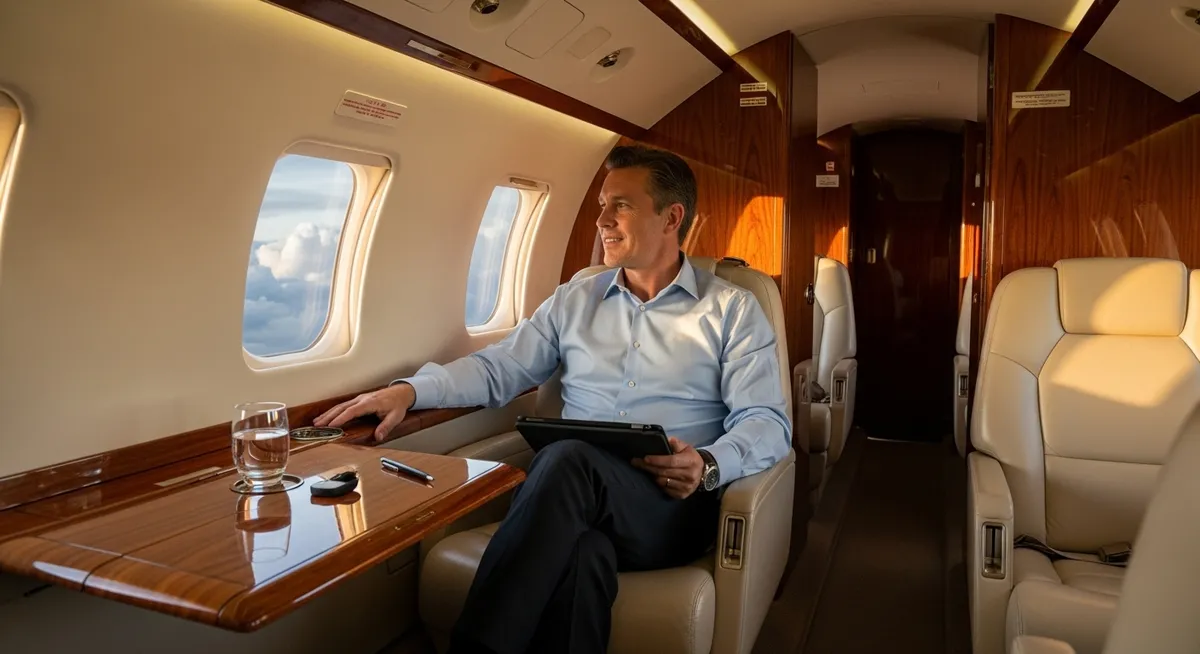 Executivo relaxa em jato particular admirando o pôr do sol