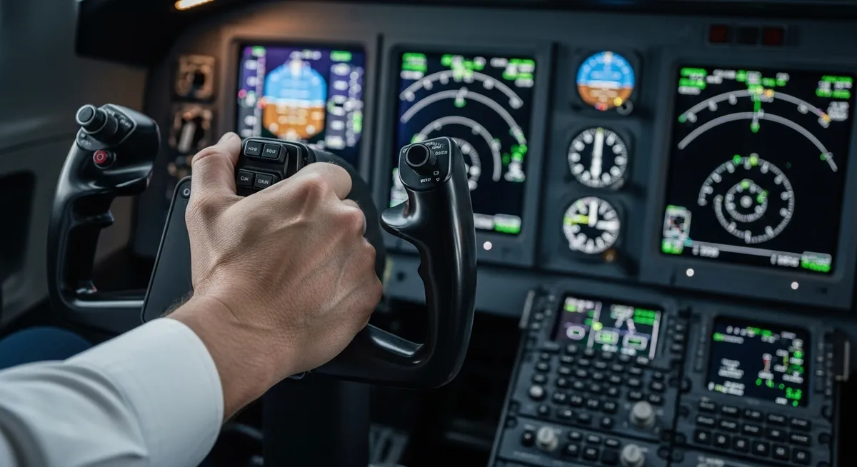 Piloto controla manche de aeronave com painéis digitais iluminados