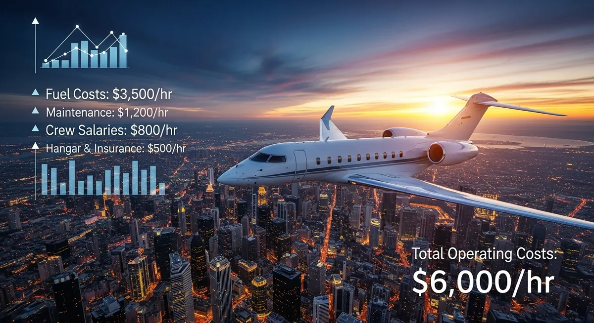 Jato executivo sobrevoa cidade ao pôr do sol com custos listados