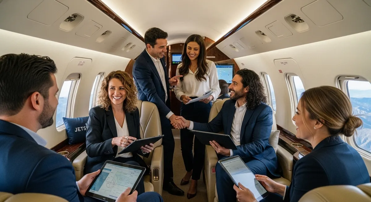 Executivos sorridentes em reunião dentro de jato executivo