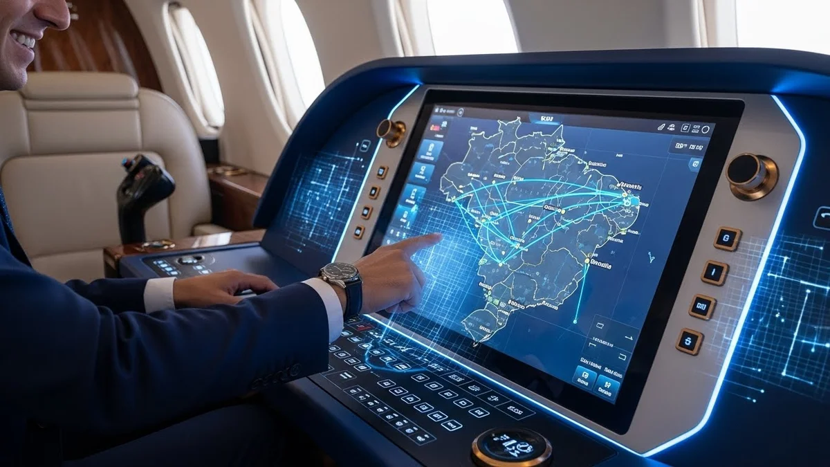 Close de um homem operando um painel digital futurista dentro de uma aeronave, mostrando um mapa do Brasil com rotas aéreas conectadas por linhas brilhantes.