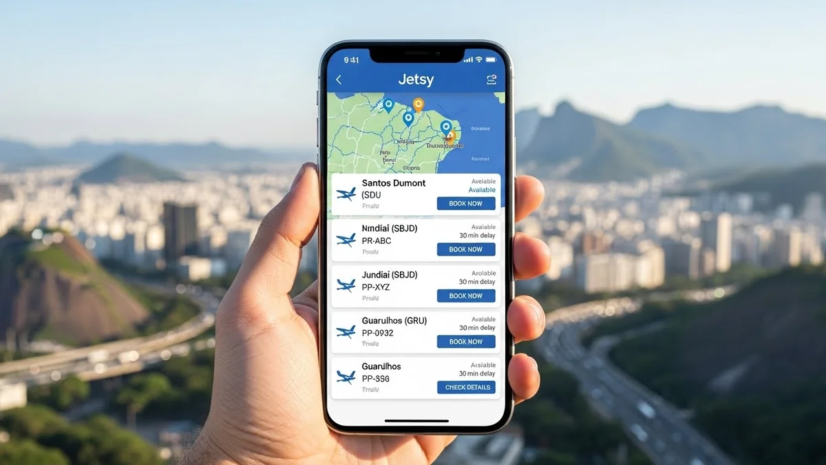 Mão segurando um smartphone que exibe o aplicativo "Jetsy" com uma lista de voos disponíveis para aeroportos como Santos Dumont e Guarulhos, sobre um fundo desfocado do Rio de Janeiro.