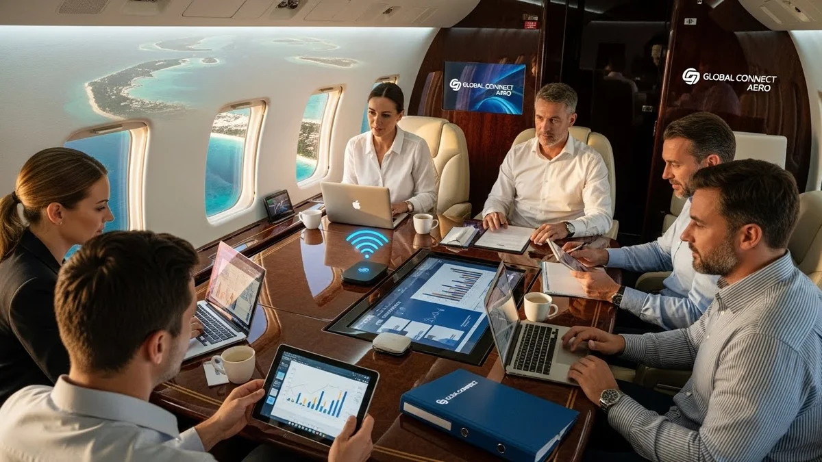 Equipe de executivos em reunião dentro de um jato executivo de luxo, utilizando laptops e tablets com vista para ilhas tropicais pelas janelas.
