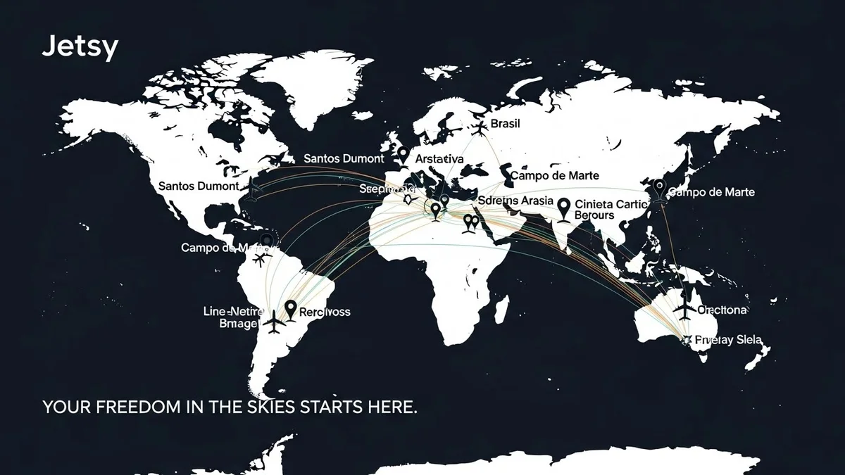 Mapa-múndi estilizado em fundo escuro mostrando rotas aéreas globais da Jetsy, com pontos de destino interligados por linhas coloridas.