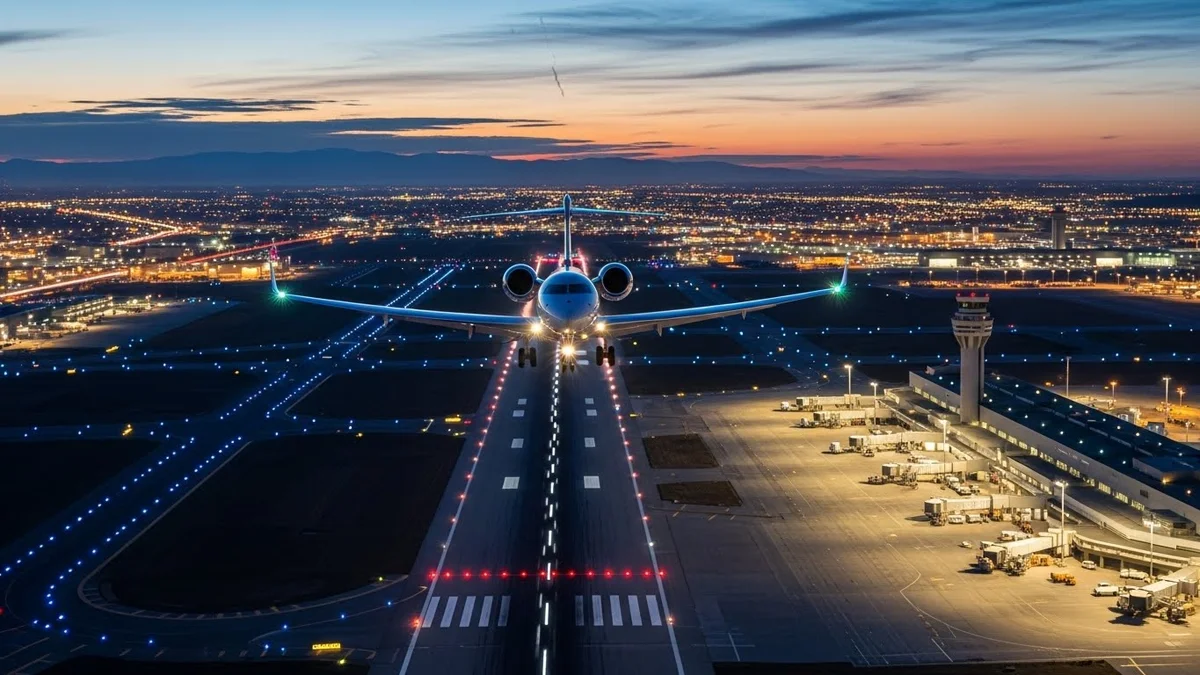 Vista frontal de um jato executivo pousando em uma pista de aeroporto iluminada durante o anoitecer, com luzes da cidade ao fundo.