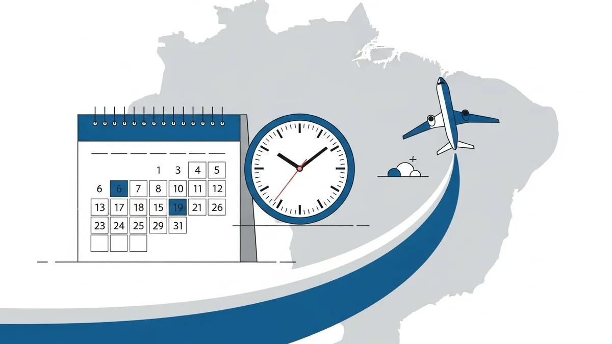 Ilustração com calendário, relógio e avião decolando sobre o mapa do Brasil, simbolizando agilidade e pontualidade.