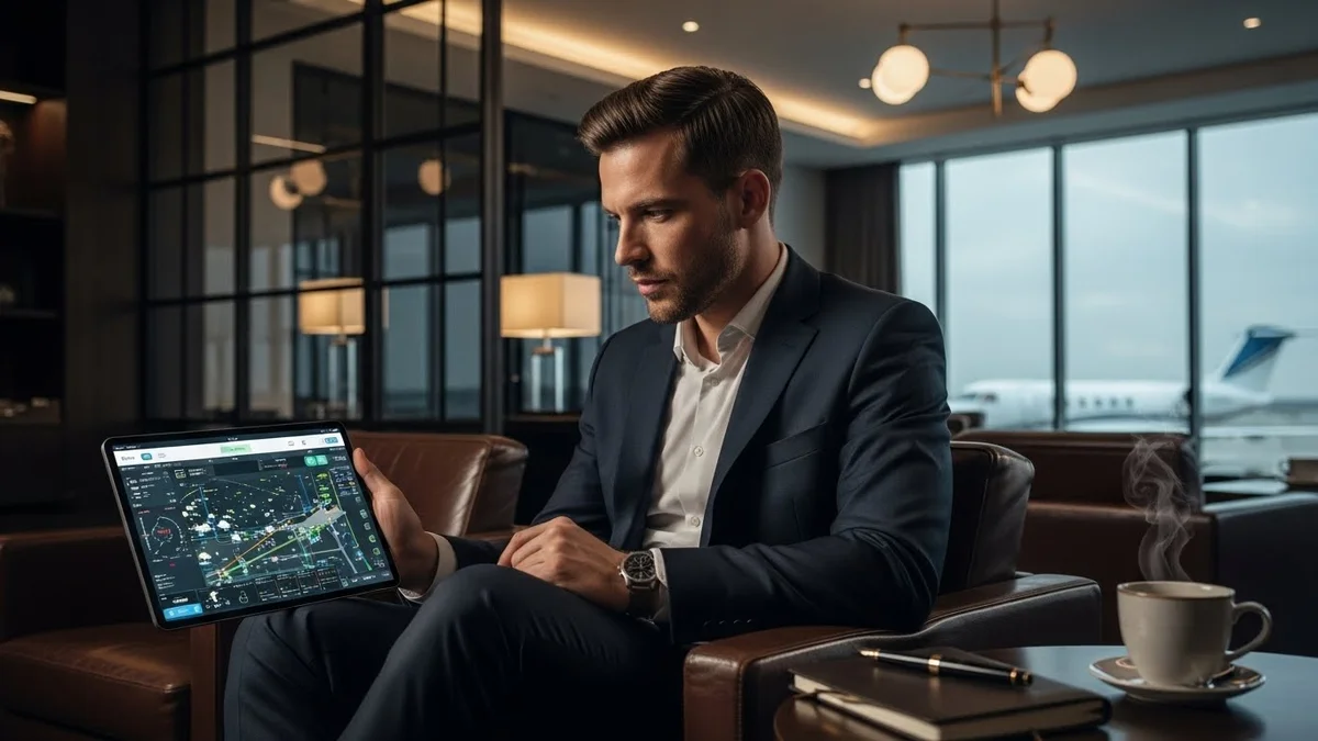 Homem de terno em um lounge de aeroporto analisando dados de voo em um tablet, com um jato visível pela janela.
