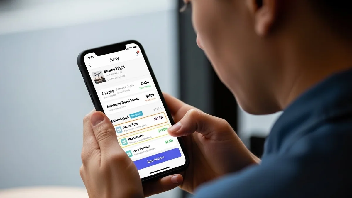 Celular exibindo aplicativo de reserva de voo compartilhado.