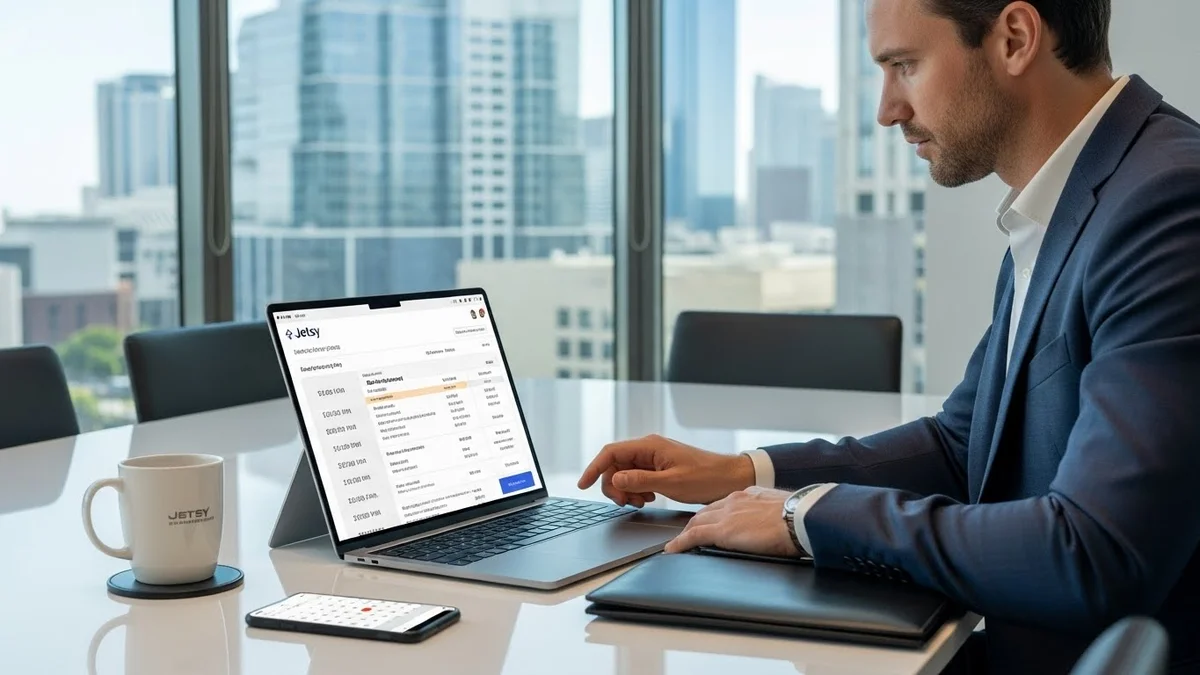 Homem usando notebook com interface de voos em escritório.