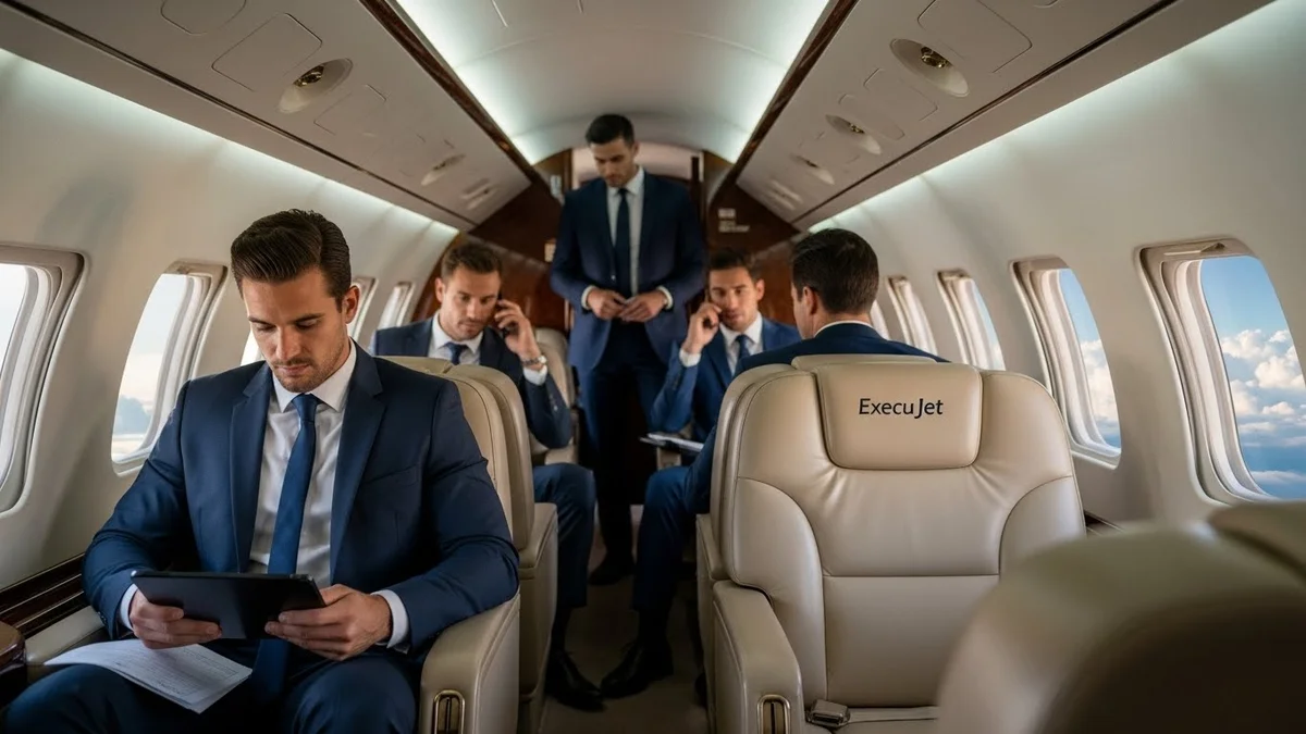 Homens de terno em cabine luxuosa de jato executivo.