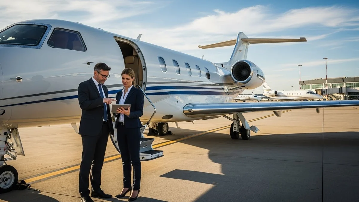 Casal de negócios analisando tablet ao lado de jato executivo.