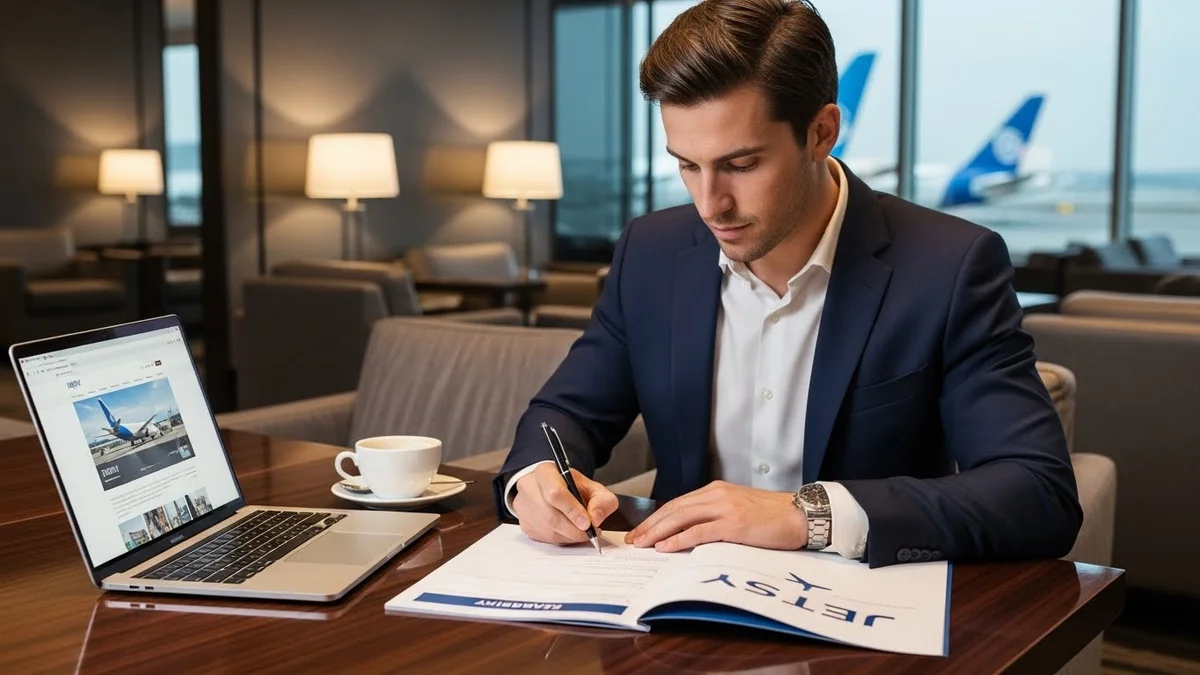 Homem de terno assinando documentos em um lounge de aeroporto.