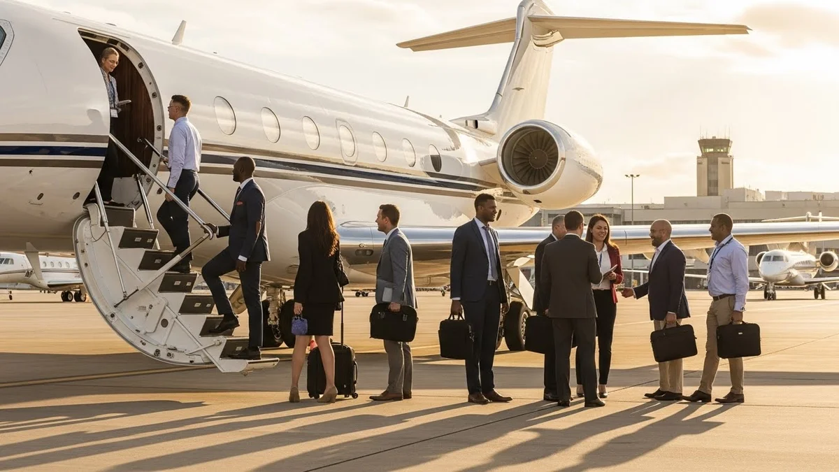 Grupo de executivos embarcando em um jato particular na pista.