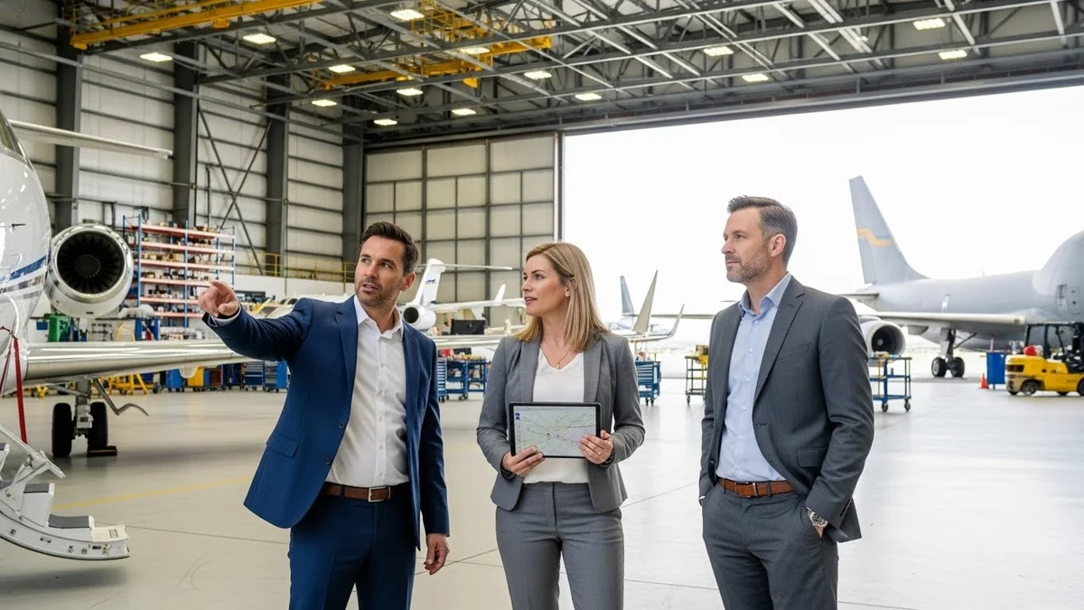Três profissionais de negócios discutindo logística em hangar.