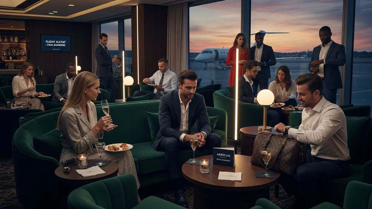 Passageiros relaxando e brindando em lounge VIP luxuoso.