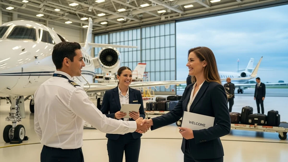 Piloto cumprimentando executiva com aperto de mão no hangar.
