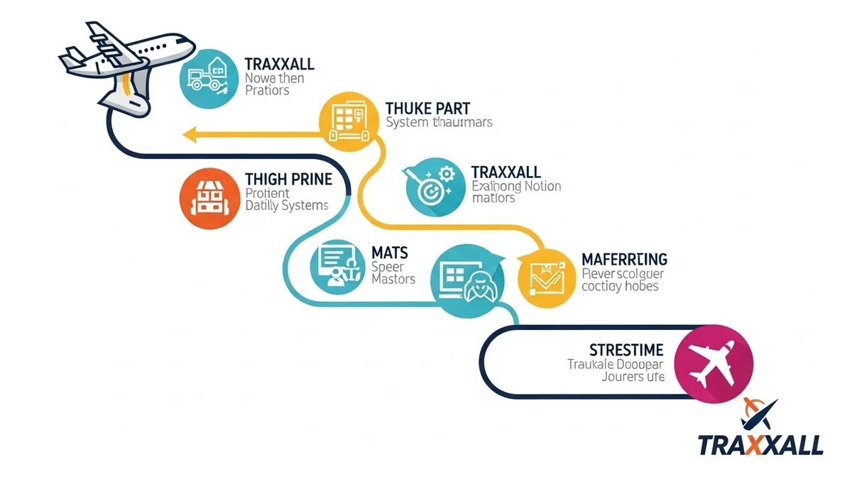 Infográfico colorido da Traxxall mostrando o fluxo de processos da aviação.