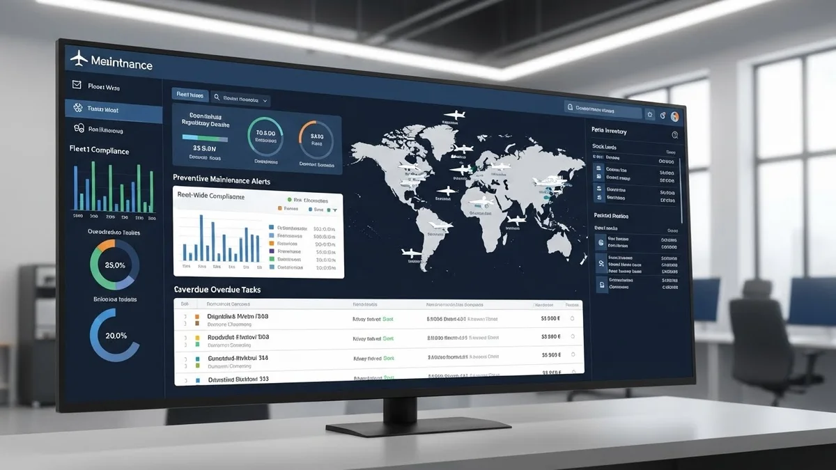 Monitor widescreen exibindo dashboard de manutenção de frota com mapa global.