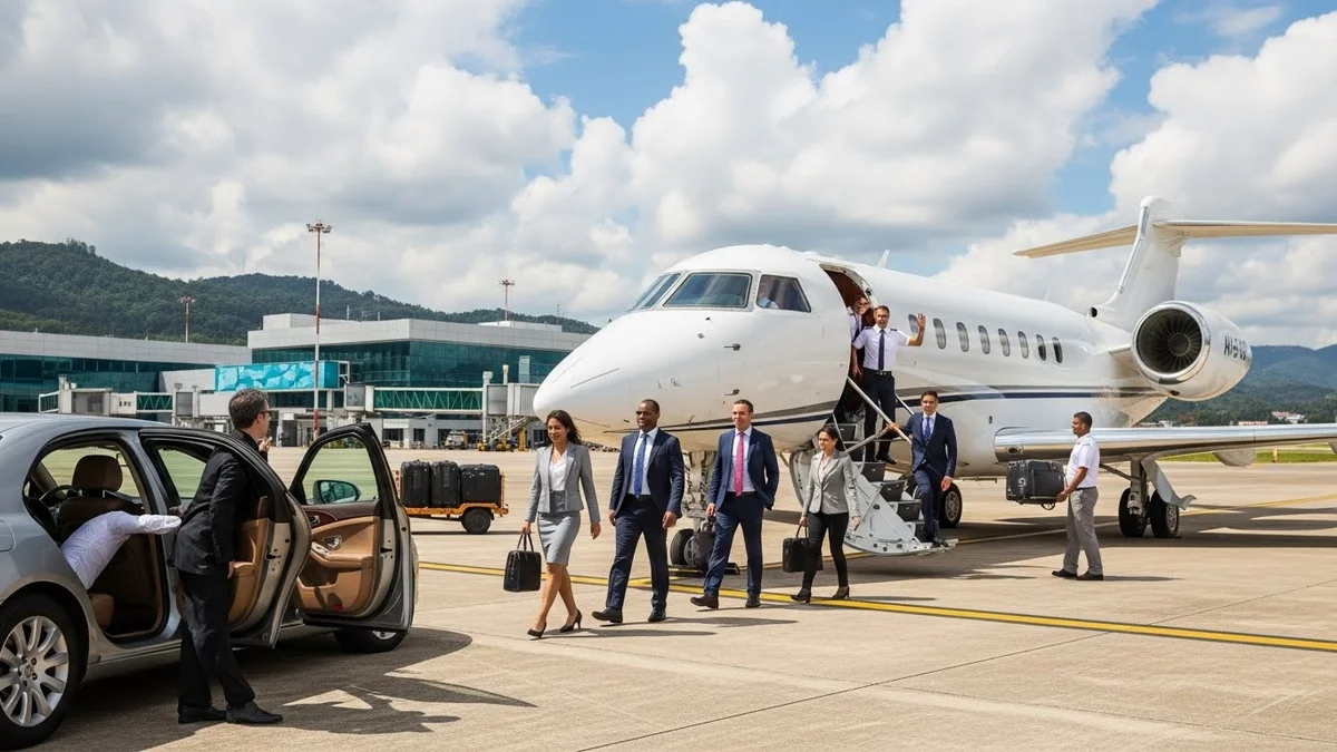 Executivos desembarcando de jato particular em direção a carro de luxo na pista.