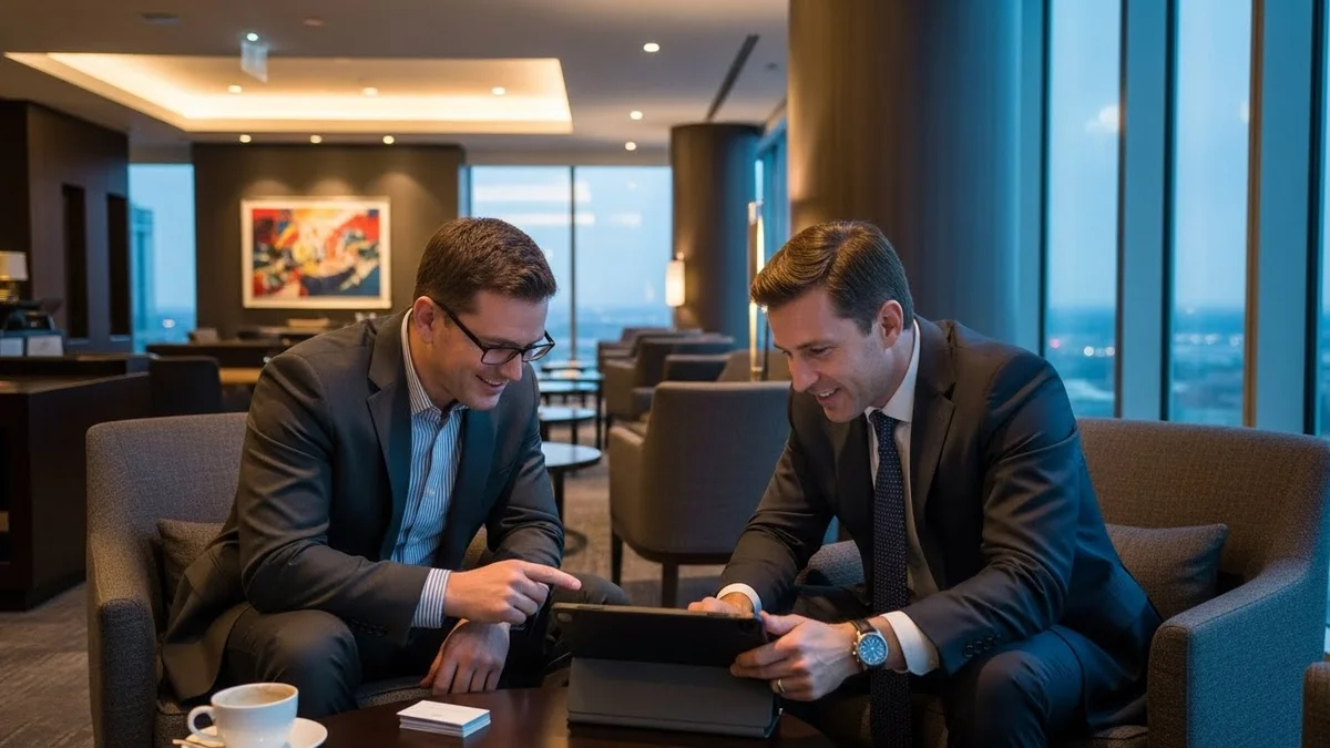 Dois empresários sorridentes analisando dados em um tablet em lounge corporativo.