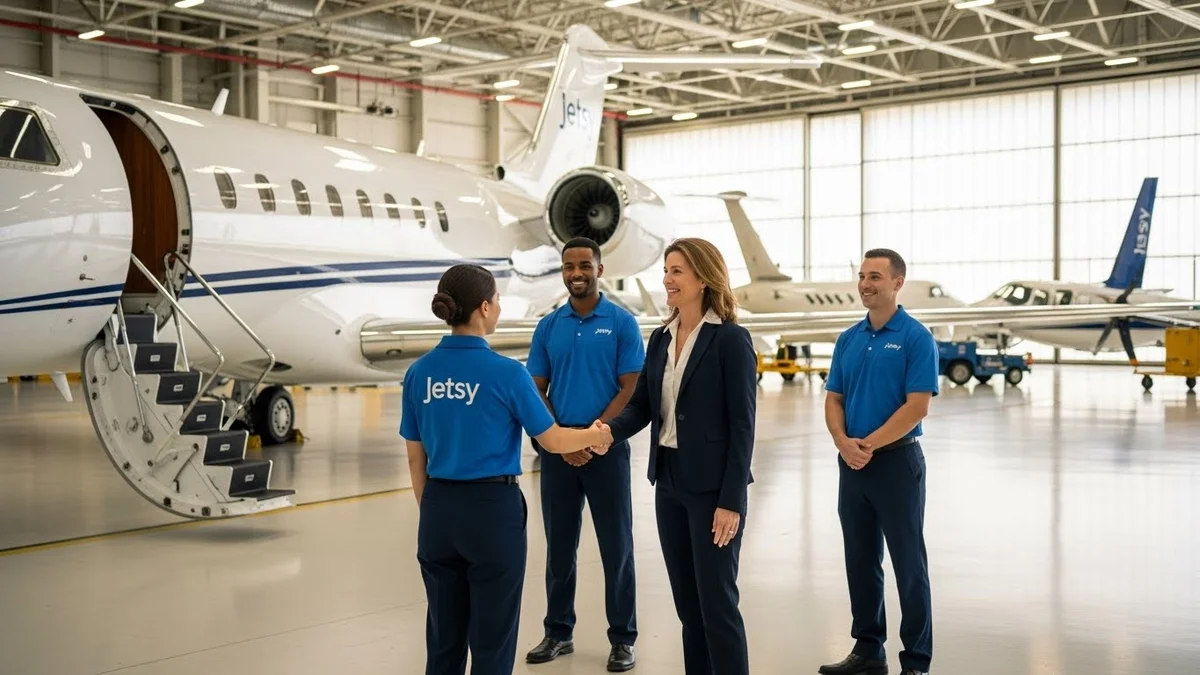 Mulher de negócios cumprimentando equipe da JESTSY em um hangar.