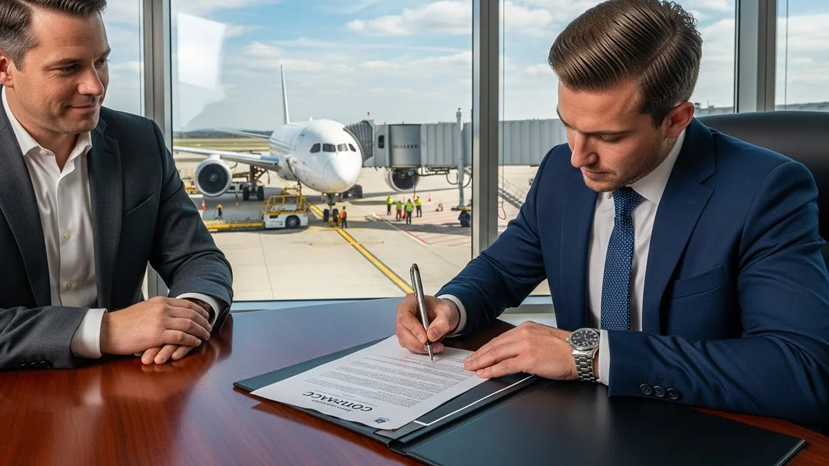 Homem de terno assinando contrato com avião comercial ao fundo.