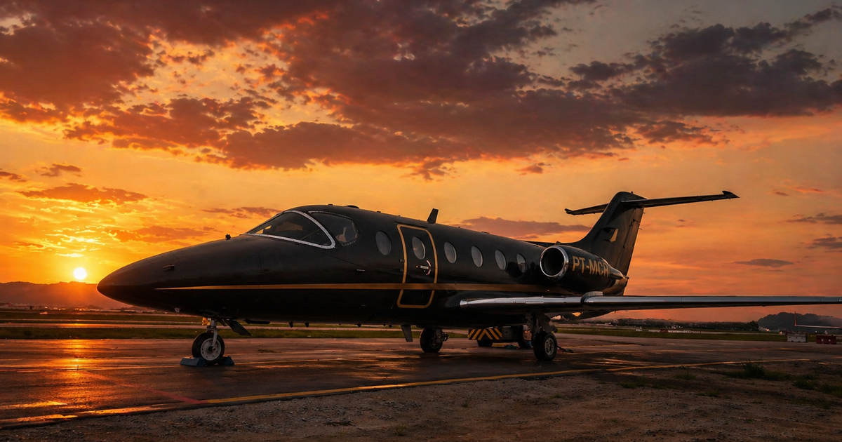 Jato executivo preto na pista durante um pôr do sol alaranjado.