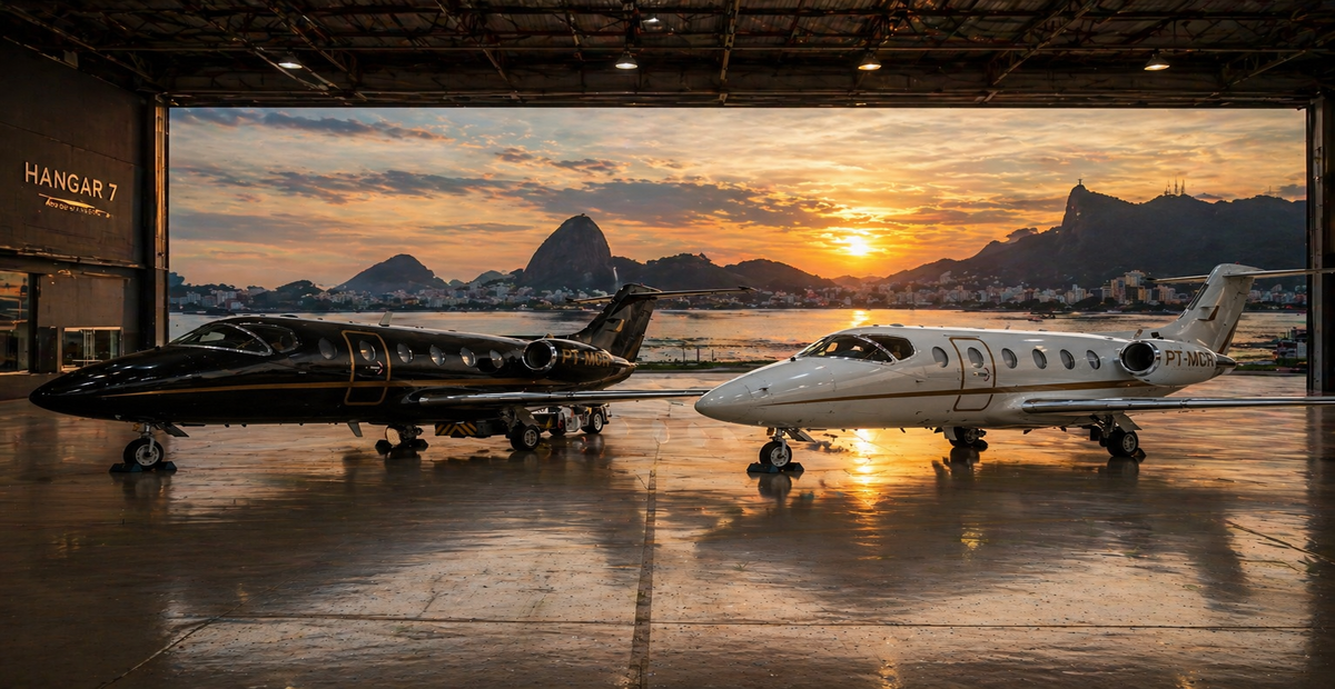 Dois jatos executivos, um preto e um branco, dentro de um hangar com vista para o Pão de Açúcar ao pôr do sol.