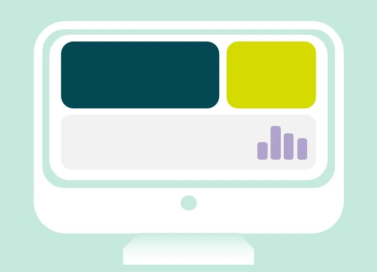 Illustrazione di un monitor bianco con grafici e riquadri colorati sullo schermo.