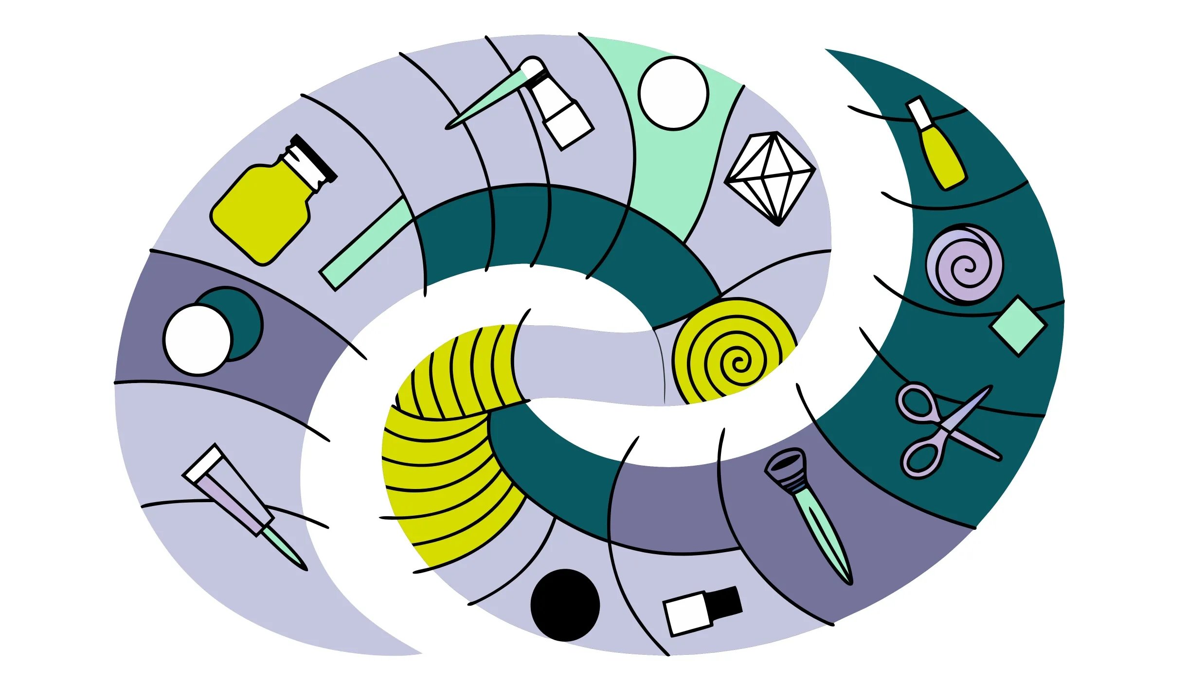 Illustrazione astratta a spirale con icone di strumenti e materiali artistici come forbici, pennelli, vernice e bobine di filo.
