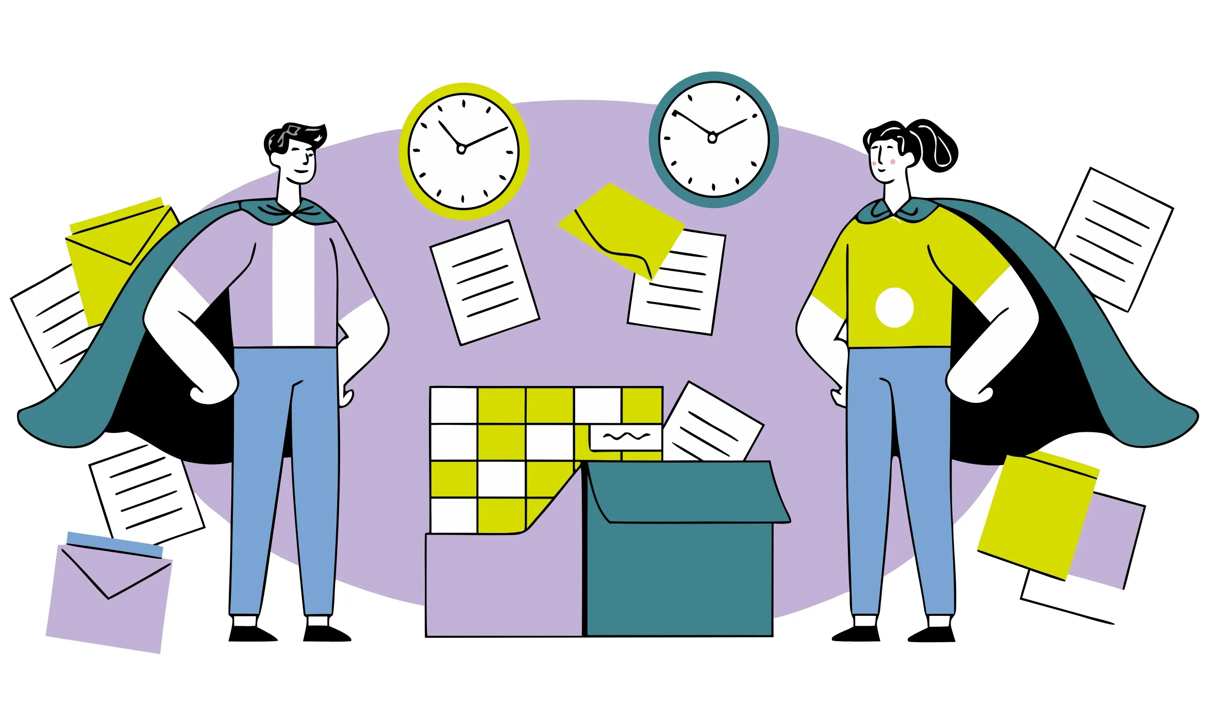 Illustrazione di un uomo e una donna con mantelli da supereroi che stanno davanti a un calendario dettagliato e una scatola, circondati da documenti e orologi.