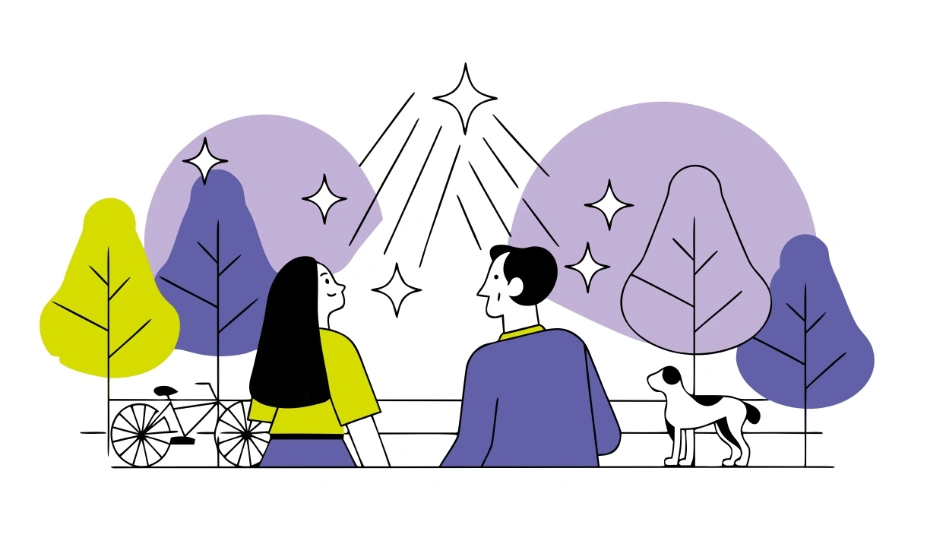Illustrazione di una coppia seduta all'aperto con un cane e una bicicletta, circondata da alberi stilizzati e stelle luminose.