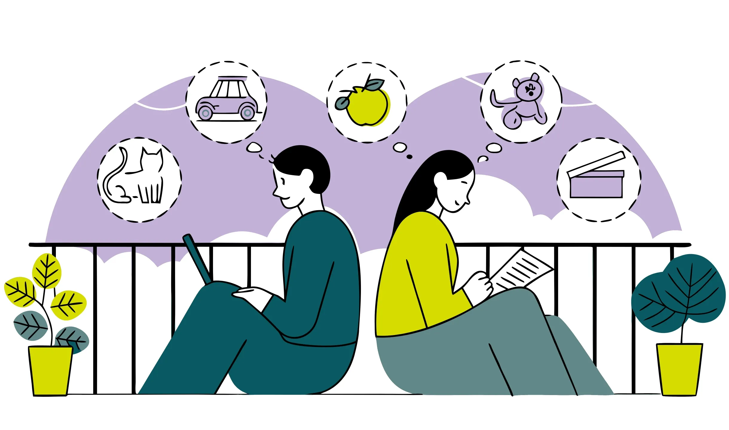 Illustrazione di due persone sedute schiena contro schiena, un uomo con laptop e una donna che legge un documento, con fumetti che mostrano un gatto e una macchina sopra l'uomo, e una mela, un orsacchiotto e una scatola sopra la donna.