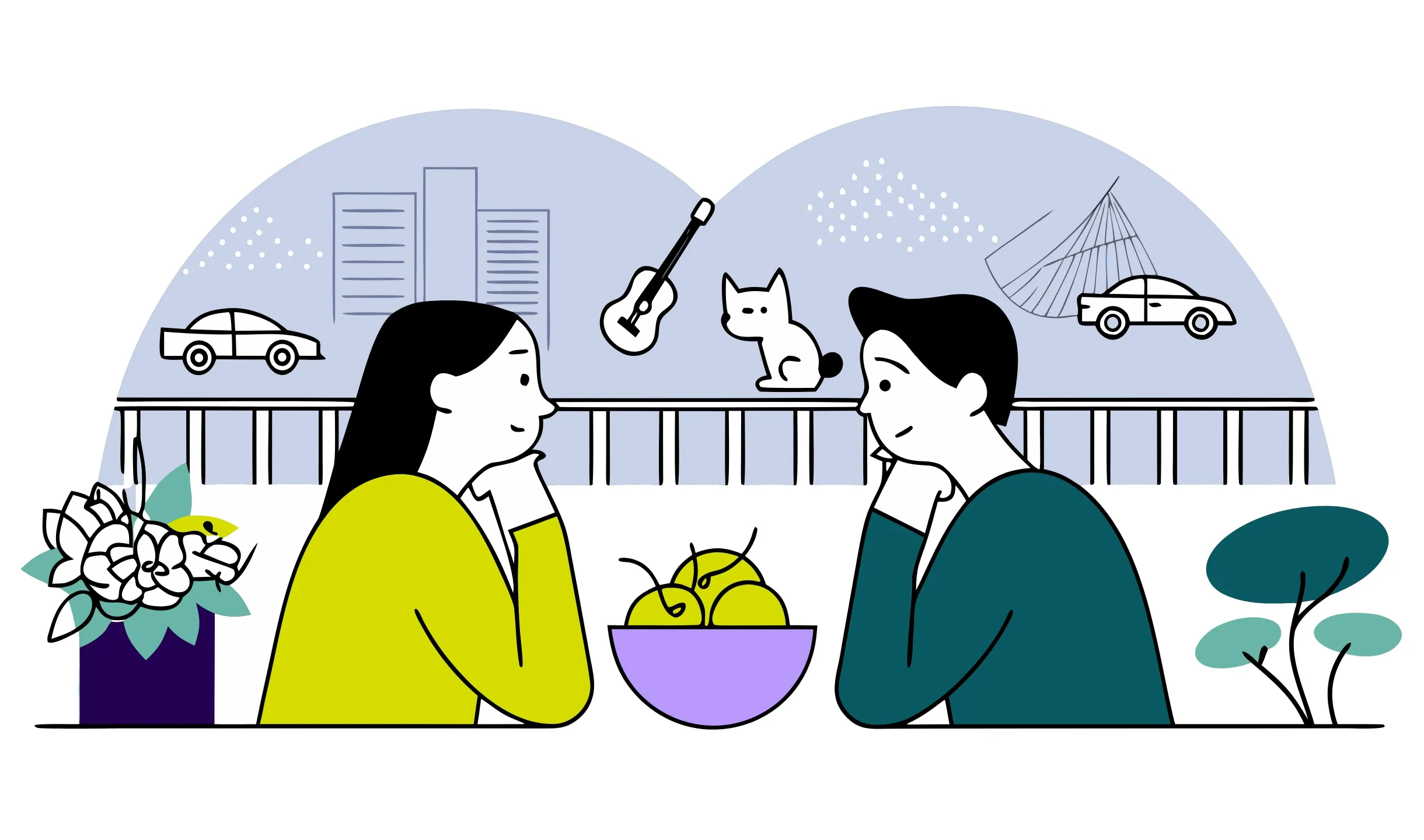 Illustrazione di un uomo e una donna seduti a un tavolo con una ciotola di mele tra loro, uno sfondo con una città, un gatto, una chitarra e due automobili disegnate.