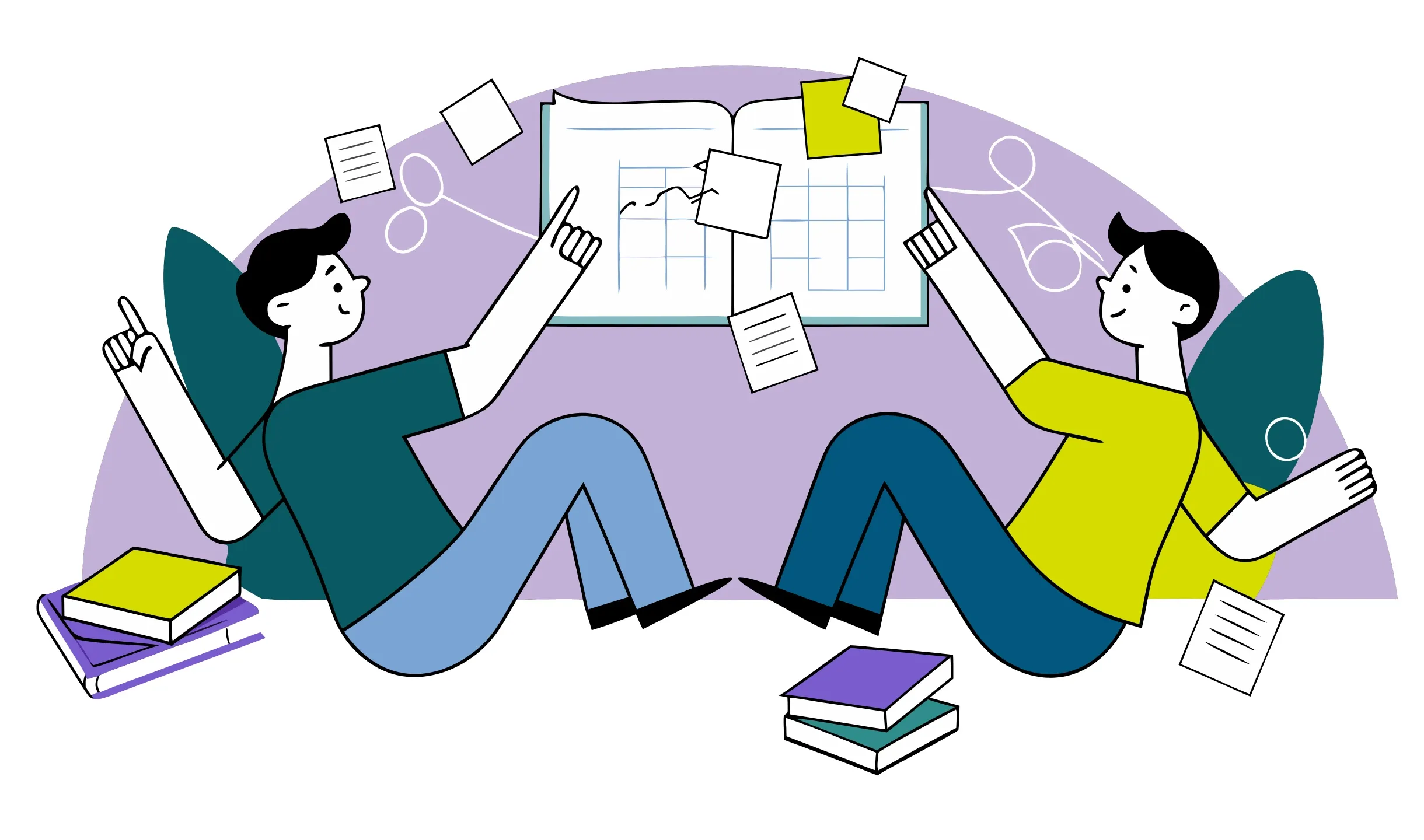 Illustrazione di due persone sedute a terra che indicano un grande libro aperto con grafici e fogli volanti intorno, circondate da pile di libri.