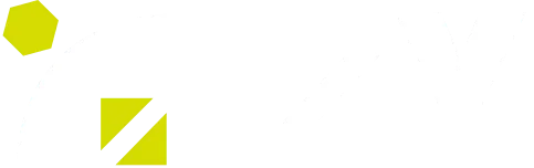 Logo IZY con lettere bianche e elemento grafico giallo.